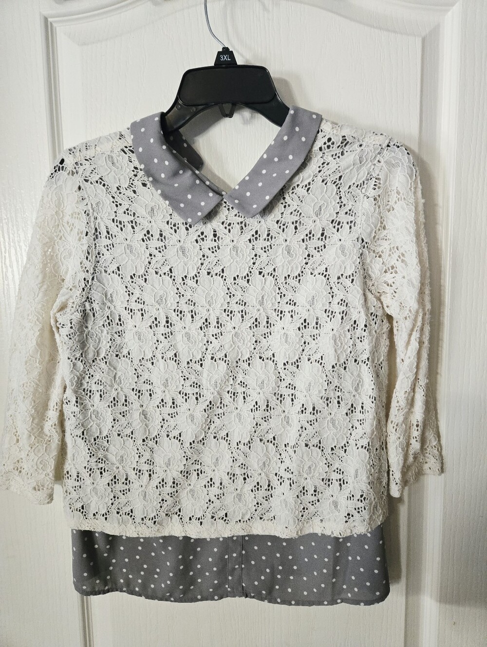 ELLE Lace Overlay Polka Dot Peter Pan Collar Blouse Size Small